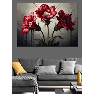Üç Adet Kırmızı Çiçek İllüstrasyonu Dekoratif Kanvas - Mdf Ahşap Tablo 70x100 cm