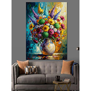 Renkli Yağlı Boya Çiçek Buketi Dekoratif Kanvas - Mdf Ahşap Tablo 50x70 cm