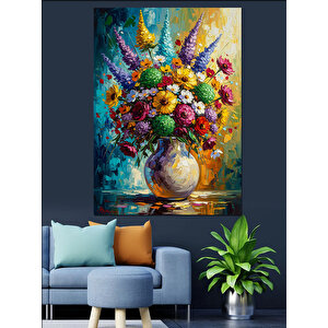 Renkli Yağlı Boya Çiçek Buketi Dekoratif Kanvas - Mdf Ahşap Tablo 50x70 cm