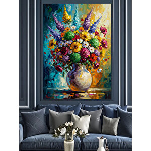 Renkli Yağlı Boya Çiçek Buketi Dekoratif Kanvas - Mdf Ahşap Tablo 50x70 cm
