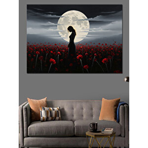 Kırmızı Çiçek Tarlasında Kadın Silüeti Dekoratif Kanvas - Mdf Ahşap Tablo 70x100 cm