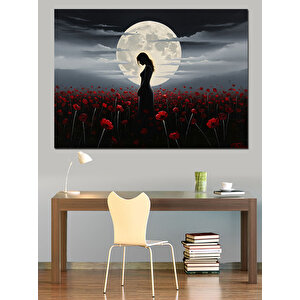 Kırmızı Çiçek Tarlasında Kadın Silüeti Dekoratif Kanvas - Mdf Ahşap Tablo 70x100 cm