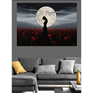 Kırmızı Çiçek Tarlasında Kadın Silüeti Dekoratif Kanvas - Mdf Ahşap Tablo 70x100 cm