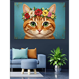 Çiçek Taçlı Sevimli Kedi Portresi Dekoratif Kanvas - Mdf Ahşap Tablo 50x70 cm