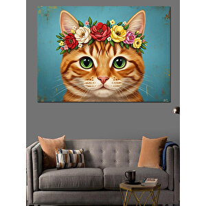 Çiçek Taçlı Sevimli Kedi Portresi Dekoratif Kanvas - Mdf Ahşap Tablo 50x70 cm