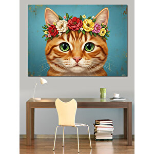 Çiçek Taçlı Sevimli Kedi Portresi Dekoratif Kanvas - Mdf Ahşap Tablo 50x70 cm