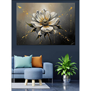 Altın Parıltılı Beyaz Çiçek Portresi Dekoratif Kanvas - Mdf Ahşap Tablo 70x100 cm
