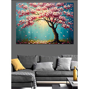 Baharda Çiçek Açan Pembe Ağaç Dekoratif Kanvas - Mdf Ahşap Tablo 50x70 cm
