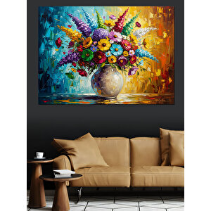 Vazoda Renkli Karışık Çiçek Buketi Dekoratif Kanvas - Mdf Ahşap Tablo 50x70 cm