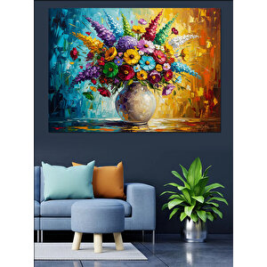 Vazoda Renkli Karışık Çiçek Buketi Dekoratif Kanvas - Mdf Ahşap Tablo 50x70 cm