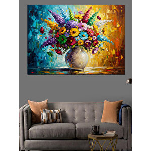 Vazoda Renkli Karışık Çiçek Buketi Dekoratif Kanvas - Mdf Ahşap Tablo 50x70 cm