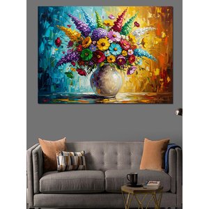 Vazoda Renkli Karışık Çiçek Buketi Dekoratif Kanvas - Mdf Ahşap Tablo 70x100 cm