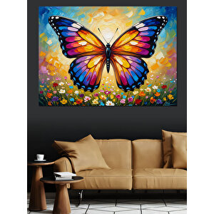Çiçek Bahçesinde Uçan Renkli Kelebek Dekoratif Kanvas - Mdf Ahşap Tablo 50x70 cm