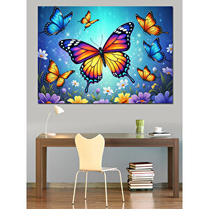 Renkli Kelebekler Ve Çiçek Bahçesi Dekoratif Kanvas - Mdf Ahşap Tablo 50x70 cm