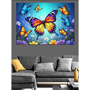 Renkli Kelebekler Ve Çiçek Bahçesi Dekoratif Kanvas - Mdf Ahşap Tablo 50x70 cm