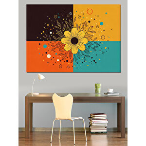 İki Renkli Geometrik Çiçek Deseni Dekoratif Kanvas - Mdf Ahşap Tablo 100x140 cm