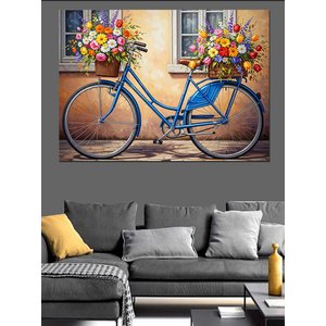 Çiçek Sepetli Mavi Nostaljik Bisiklet Dekoratif Kanvas - Mdf Ahşap Tablo 50x70 cm
