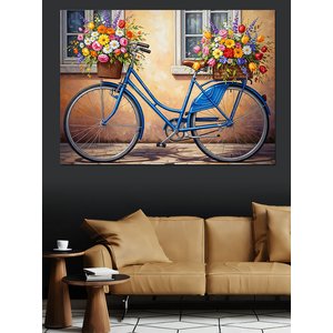 Çiçek Sepetli Mavi Nostaljik Bisiklet Dekoratif Kanvas - Mdf Ahşap Tablo 50x70 cm
