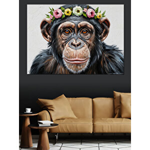 Çiçek Taçlı Karizmatik Şempanze Portresi Dekoratif Kanvas - Mdf Ahşap Tablo 100x140 cm