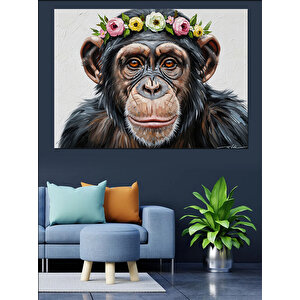 Çiçek Taçlı Karizmatik Şempanze Portresi Dekoratif Kanvas - Mdf Ahşap Tablo 100x140 cm