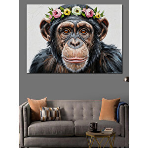 Çiçek Taçlı Karizmatik Şempanze Portresi Dekoratif Kanvas - Mdf Ahşap Tablo 100x140 cm