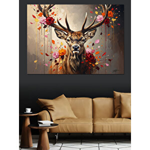 Çiçek Taçlı Ve Boynuzlu Geyik Dekoratif Kanvas - Mdf Ahşap Tablo 70x100 cm
