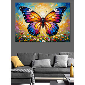 Çiçek Bahçesinde Uçan Renkli Kelebek Dekoratif Kanvas - Mdf Ahşap Tablo 100x140 cm