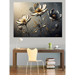 Metalik Dokulu Üçlü Çiçek Tablosu Dekoratif Kanvas - Mdf Ahşap Tablo 100x140 cm