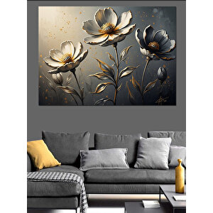 Metalik Dokulu Üçlü Çiçek Tablosu Dekoratif Kanvas - Mdf Ahşap Tablo 100x140 cm