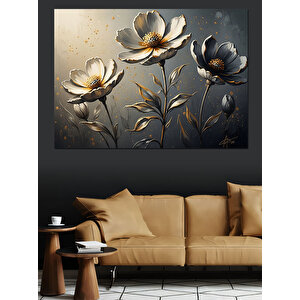 Metalik Dokulu Üçlü Çiçek Tablosu Dekoratif Kanvas - Mdf Ahşap Tablo 100x140 cm