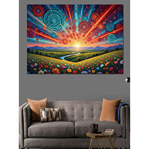 Renkli Çiçek Tarlası Ve Günbatımı Dekoratif Kanvas - Mdf Ahşap Tablo 50x70 cm