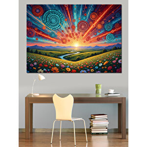 Renkli Çiçek Tarlası Ve Günbatımı Dekoratif Kanvas - Mdf Ahşap Tablo 50x70 cm