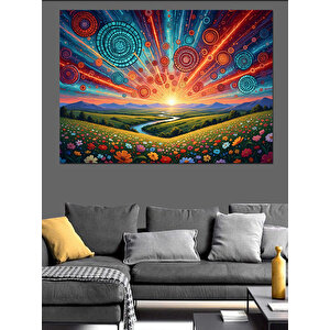 Renkli Çiçek Tarlası Ve Günbatımı Dekoratif Kanvas - Mdf Ahşap Tablo 50x70 cm