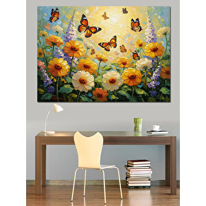 Çiçek Tarlasında Uçuşan Renkli Kelebekler Dekoratif Kanvas - Mdf Ahşap Tablo 50x70 cm