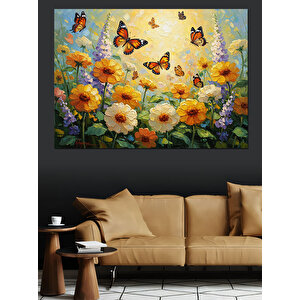 Çiçek Tarlasında Uçuşan Renkli Kelebekler Dekoratif Kanvas - Mdf Ahşap Tablo 50x70 cm