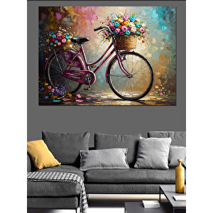Çiçek Sepetli Mor Bisiklet Dekoratif Kanvas - Mdf Ahşap Tablo 70x100 cm