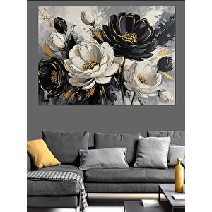 Siyah Beyaz Sanatsal Çiçek Buketi Dekoratif Kanvas - Mdf Ahşap Tablo 100x140 cm