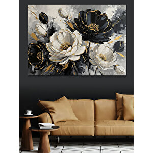 Siyah Beyaz Sanatsal Çiçek Buketi Dekoratif Kanvas - Mdf Ahşap Tablo 100x140 cm