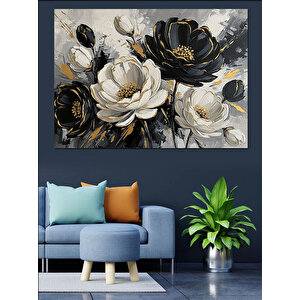 Siyah Beyaz Sanatsal Çiçek Buketi Dekoratif Kanvas - Mdf Ahşap Tablo 100x140 cm
