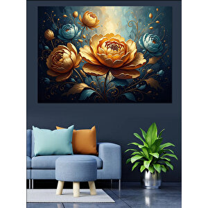 Altın Varaklı Modern Çiçek Kabartma Dekoratif Kanvas - Mdf Ahşap Tablo 70x100 cm