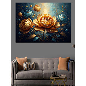 Altın Varaklı Modern Çiçek Kabartma Dekoratif Kanvas - Mdf Ahşap Tablo 70x100 cm