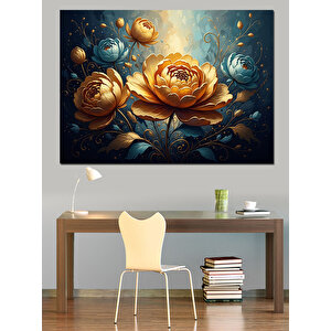 Altın Varaklı Modern Çiçek Kabartma Dekoratif Kanvas - Mdf Ahşap Tablo 70x100 cm