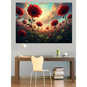 Bulutlar Altında Kırmızı Çiçek Bahçesi Dekoratif Kanvas - Mdf Ahşap Tablo 100x140 cm