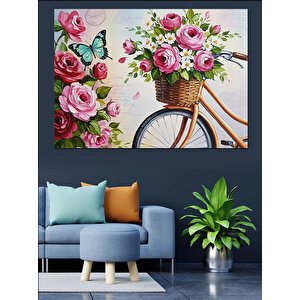 Çiçek Sepetli Nostaljik Beyaz Bisiklet Dekoratif Kanvas - Mdf Ahşap Tablo 50x70 cm