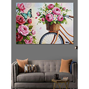 Çiçek Sepetli Nostaljik Beyaz Bisiklet Dekoratif Kanvas - Mdf Ahşap Tablo 50x70 cm