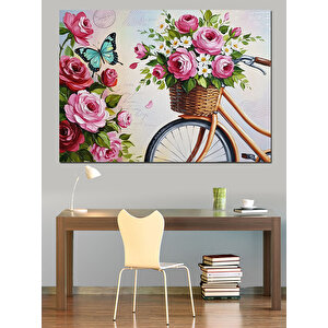 Çiçek Sepetli Nostaljik Beyaz Bisiklet Dekoratif Kanvas - Mdf Ahşap Tablo 50x70 cm