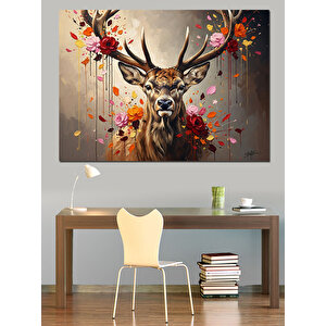 Çiçek Taçlı Ve Boynuzlu Geyik Dekoratif Kanvas - Mdf Ahşap Tablo 100x140 cm