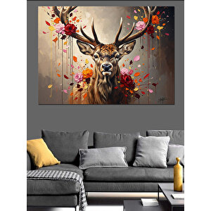 Çiçek Taçlı Ve Boynuzlu Geyik Dekoratif Kanvas - Mdf Ahşap Tablo 100x140 cm
