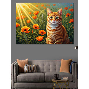 Çiçek Tarlasında Duran Sevimli Kedi Dekoratif Kanvas - Mdf Ahşap Tablo 50x70 cm