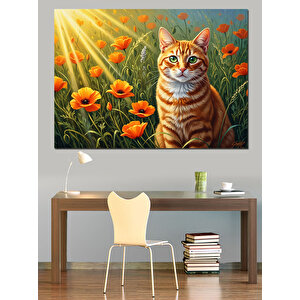 Çiçek Tarlasında Duran Sevimli Kedi Dekoratif Kanvas - Mdf Ahşap Tablo 50x70 cm